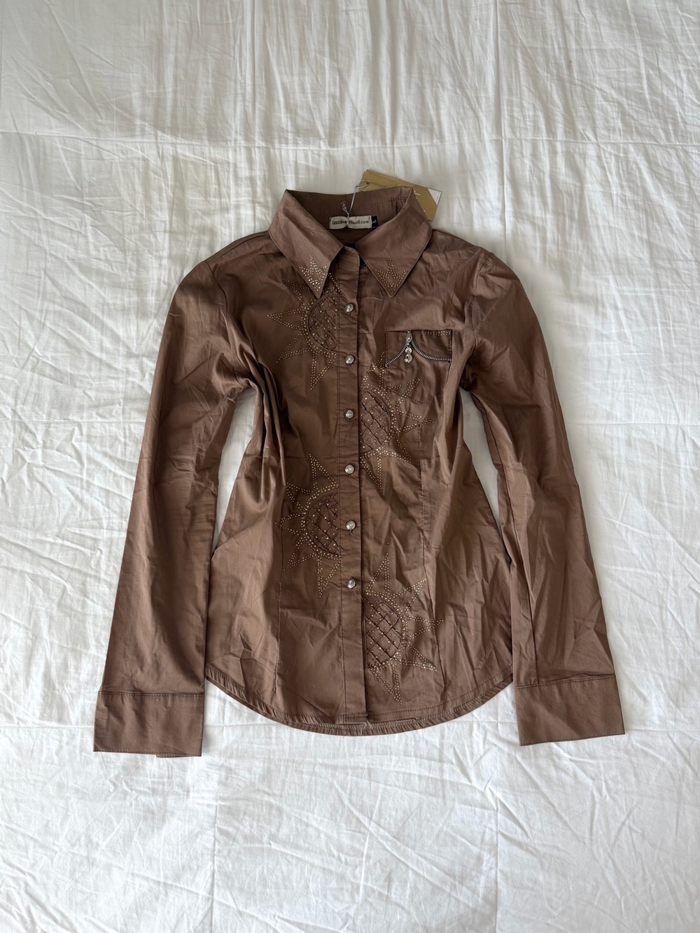 Y2K Western Grunge Brown Rhinestone Embellished Button Down Shirt Size L